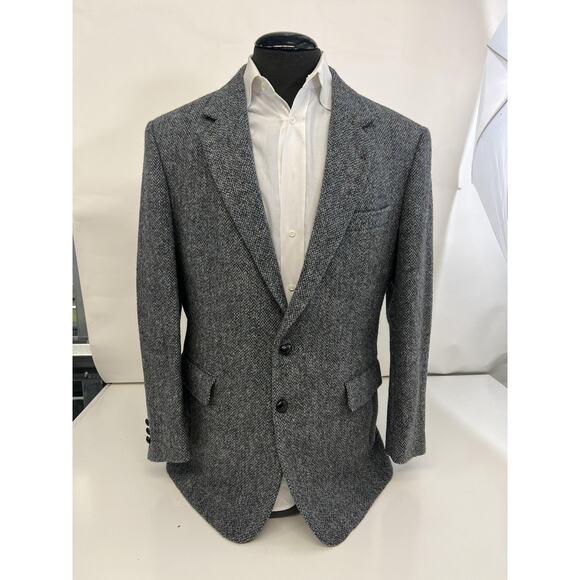 Harris Tweed Blazer Mens 42 Regular Gray Herringbone Hand Woven Wool Sport Coat - Picture 1 of 16